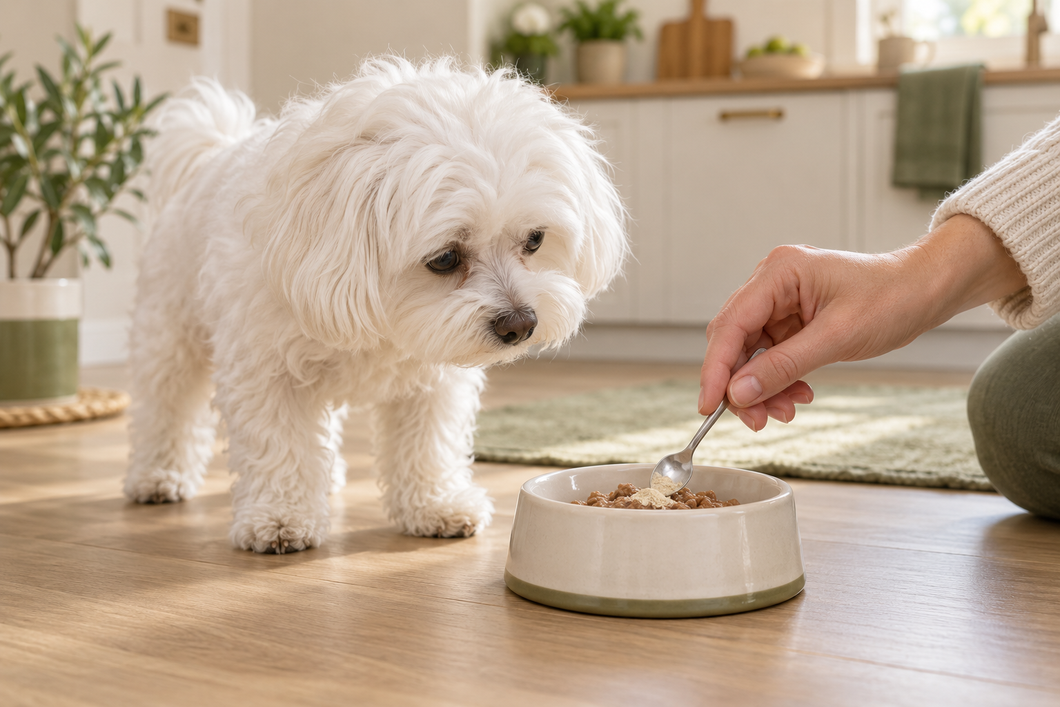 Picky small dog eating powdered supplements mixed into wet food