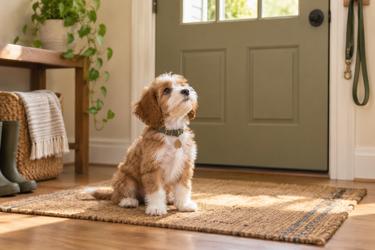 Small puppy waiting by the door to go outside for a potty break
