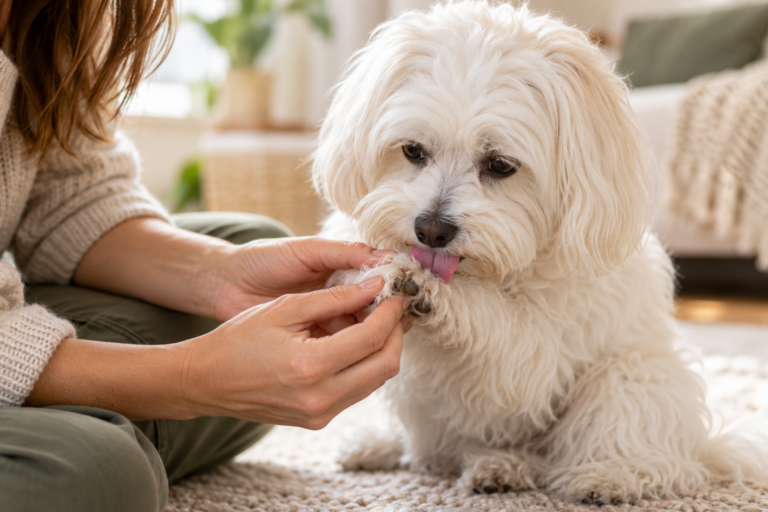 Small dog licking one front paw while the owner gently checks between the toes