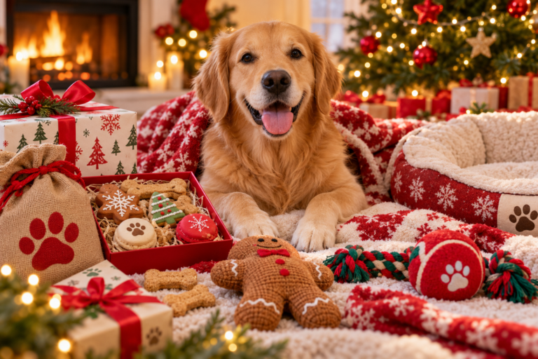Golden Retriever surrounded by Christmas dog treats, festive toys, cozy blankets and holiday gifts beside a decorated Christmas tree.
