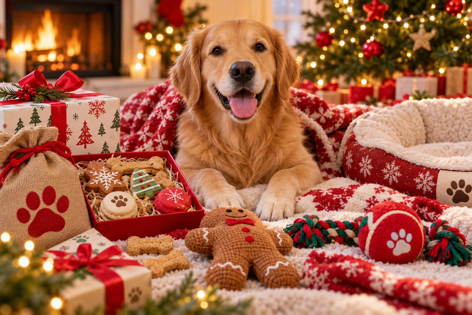 Golden Retriever surrounded by Christmas dog treats, festive toys, cozy blankets and holiday gifts beside a decorated Christmas tree.