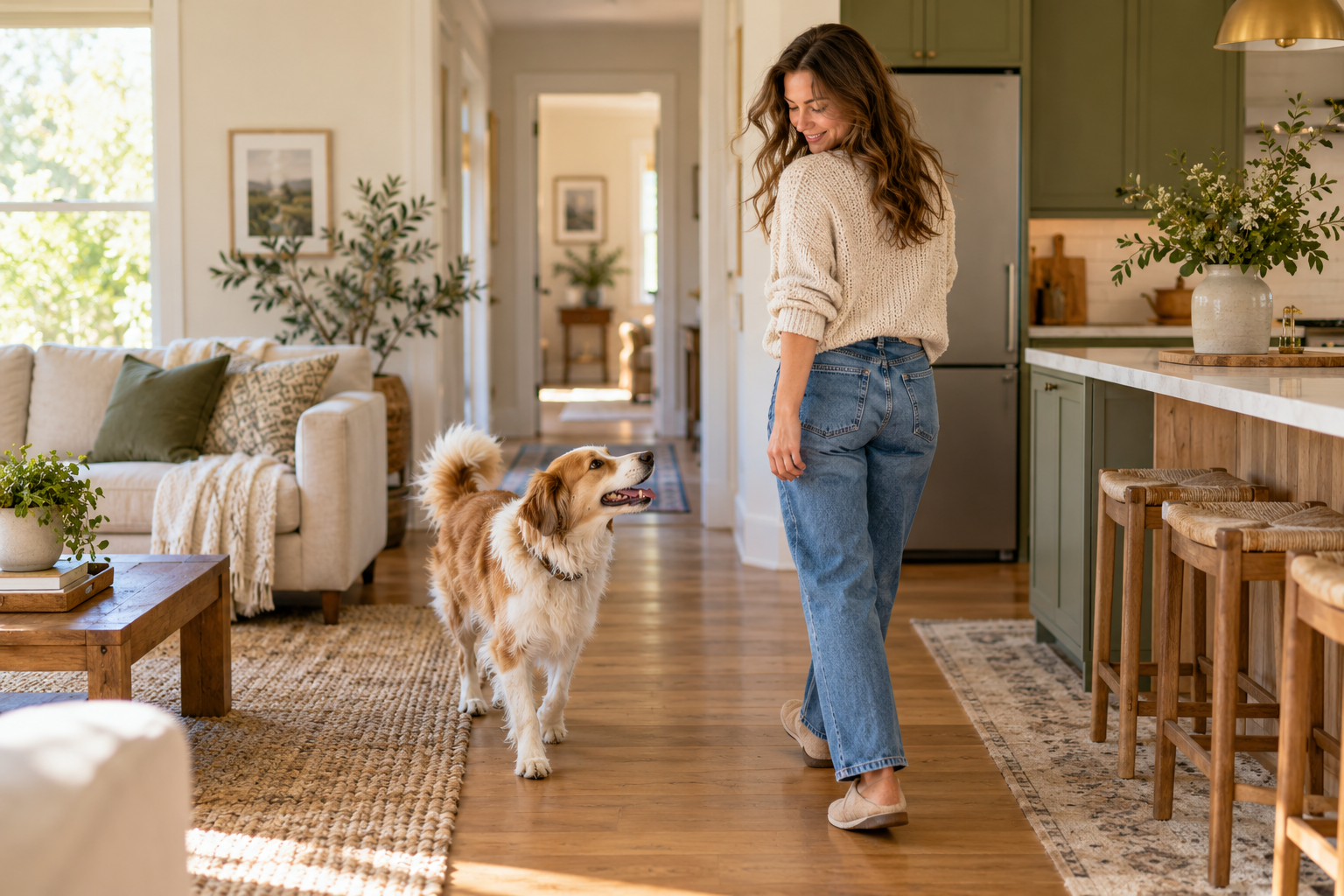 Dog calmly following their owner from one room to another at home
