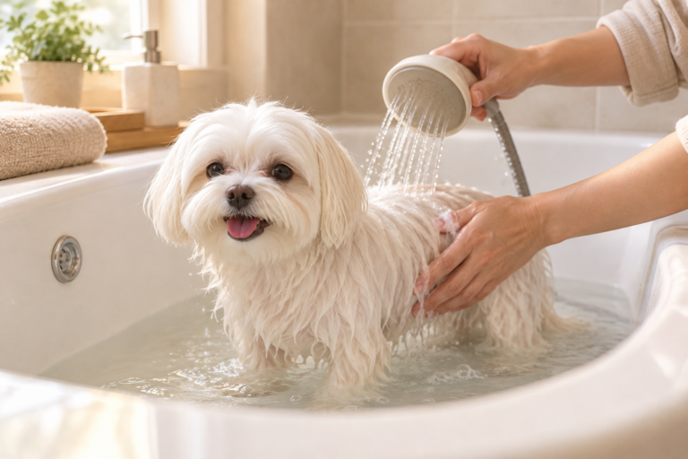 Small white dog being gently bathed in a home bathtub