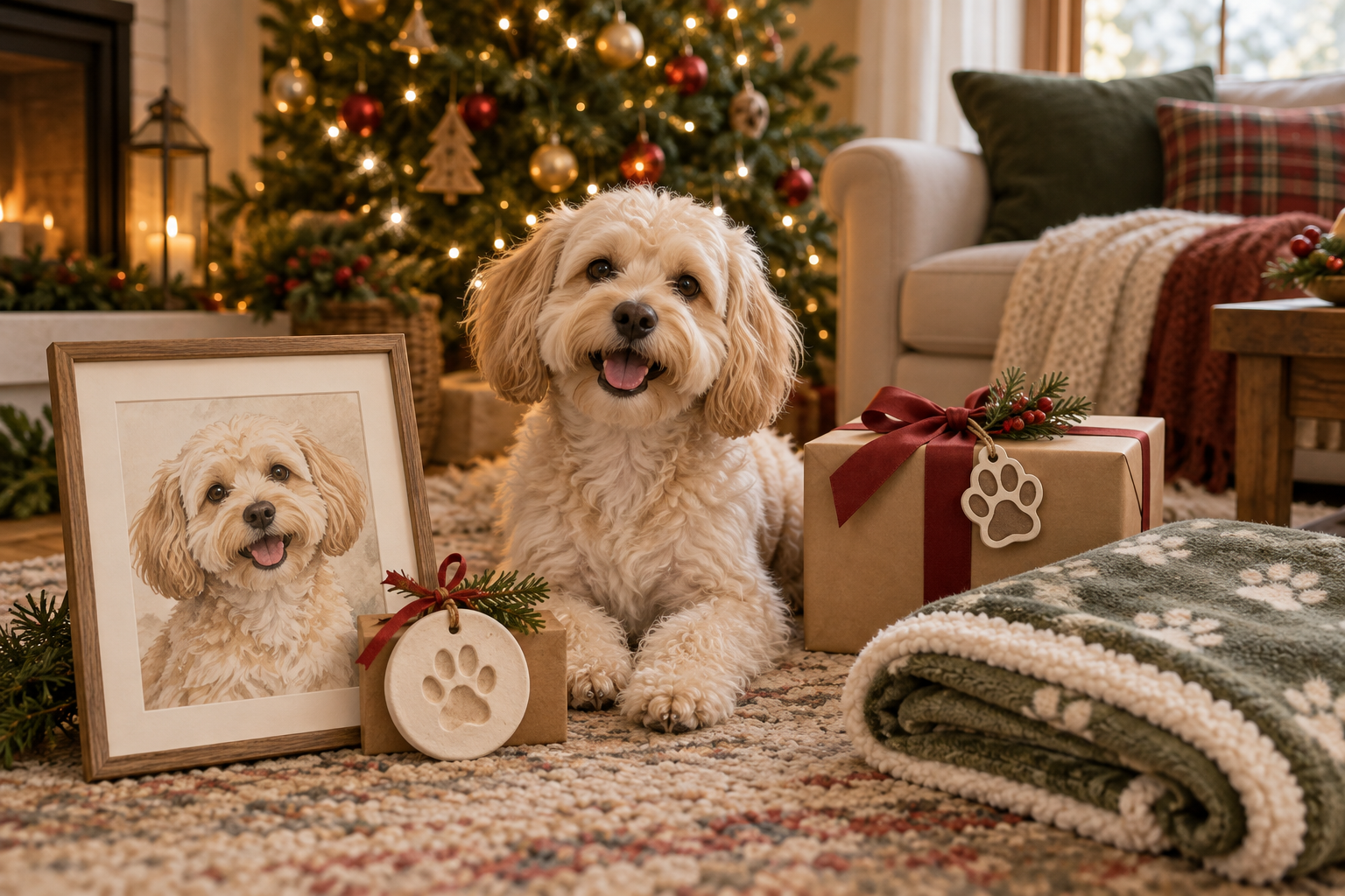 Personalized Christmas gifts for dog lovers, including a custom dog portrait, paw print ornament, and wrapped gift