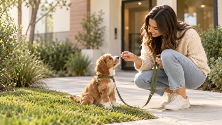Puppy learning to go potty outside an apartment building with their owner