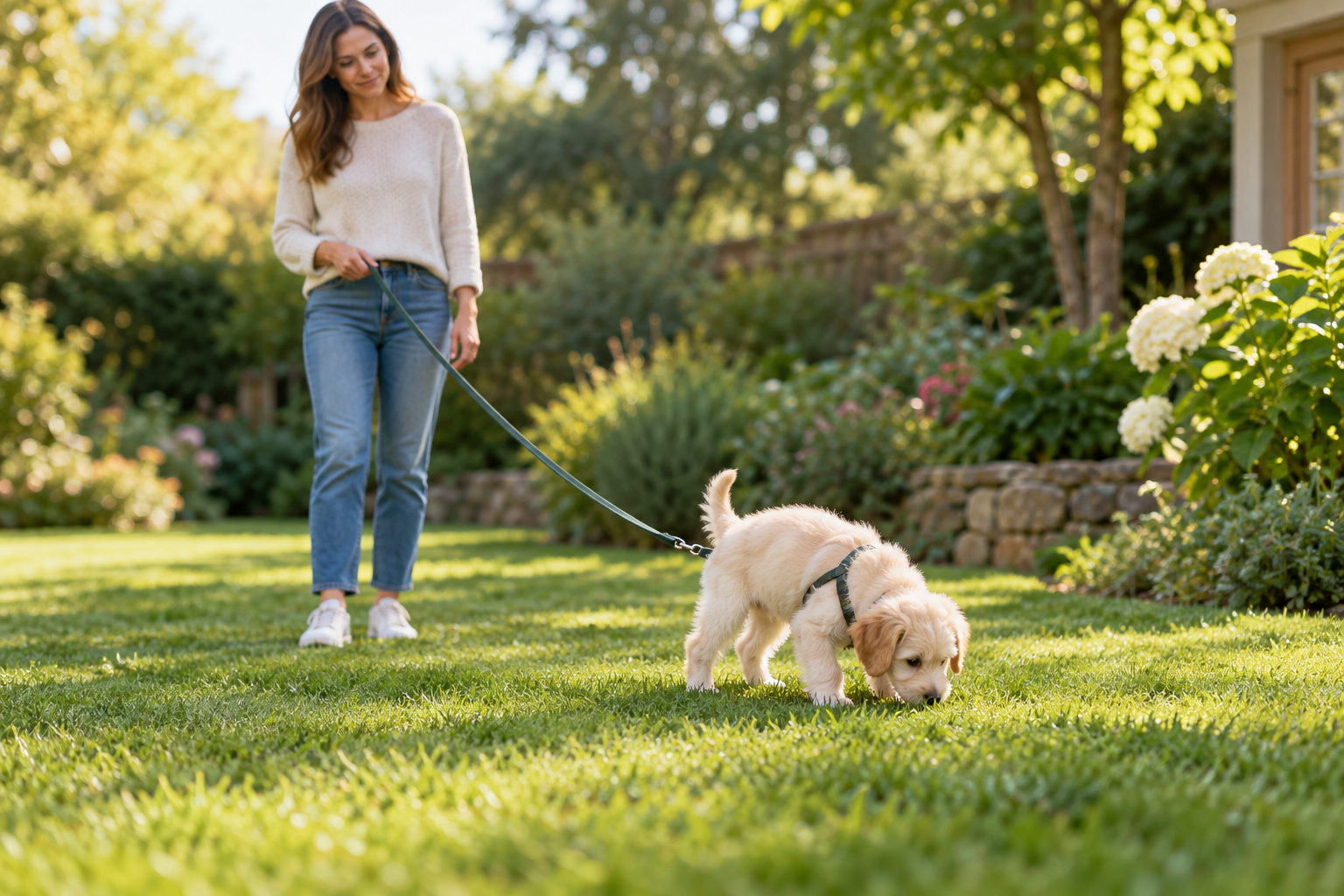 Puppy sniffing a quiet outdoor potty spot while their owner waits patiently